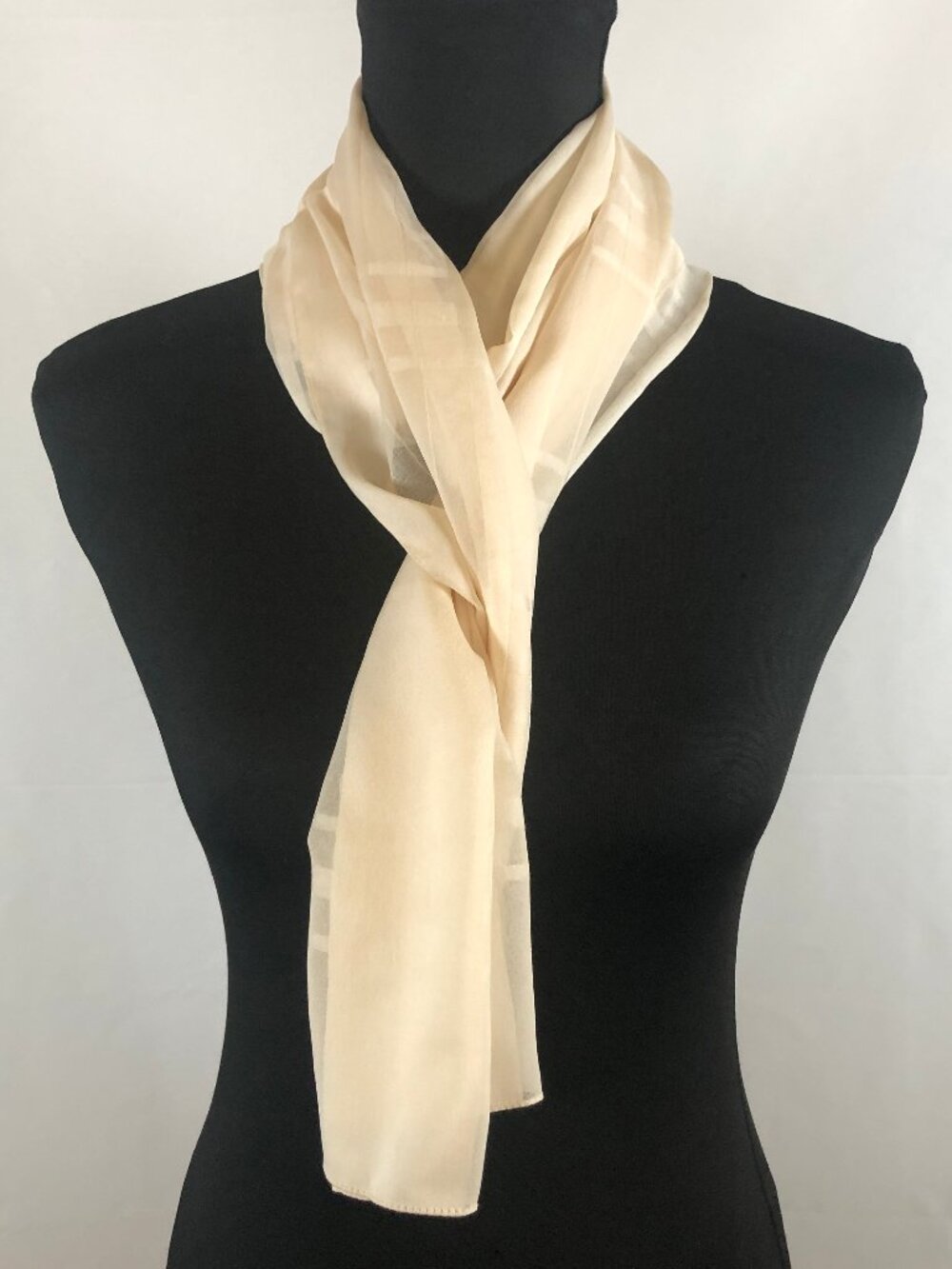 Vintage Sheer Ivory/Champagne Plaid Scarf — Quiet Luxury Minimalist Elegance - Picture 5 of 13